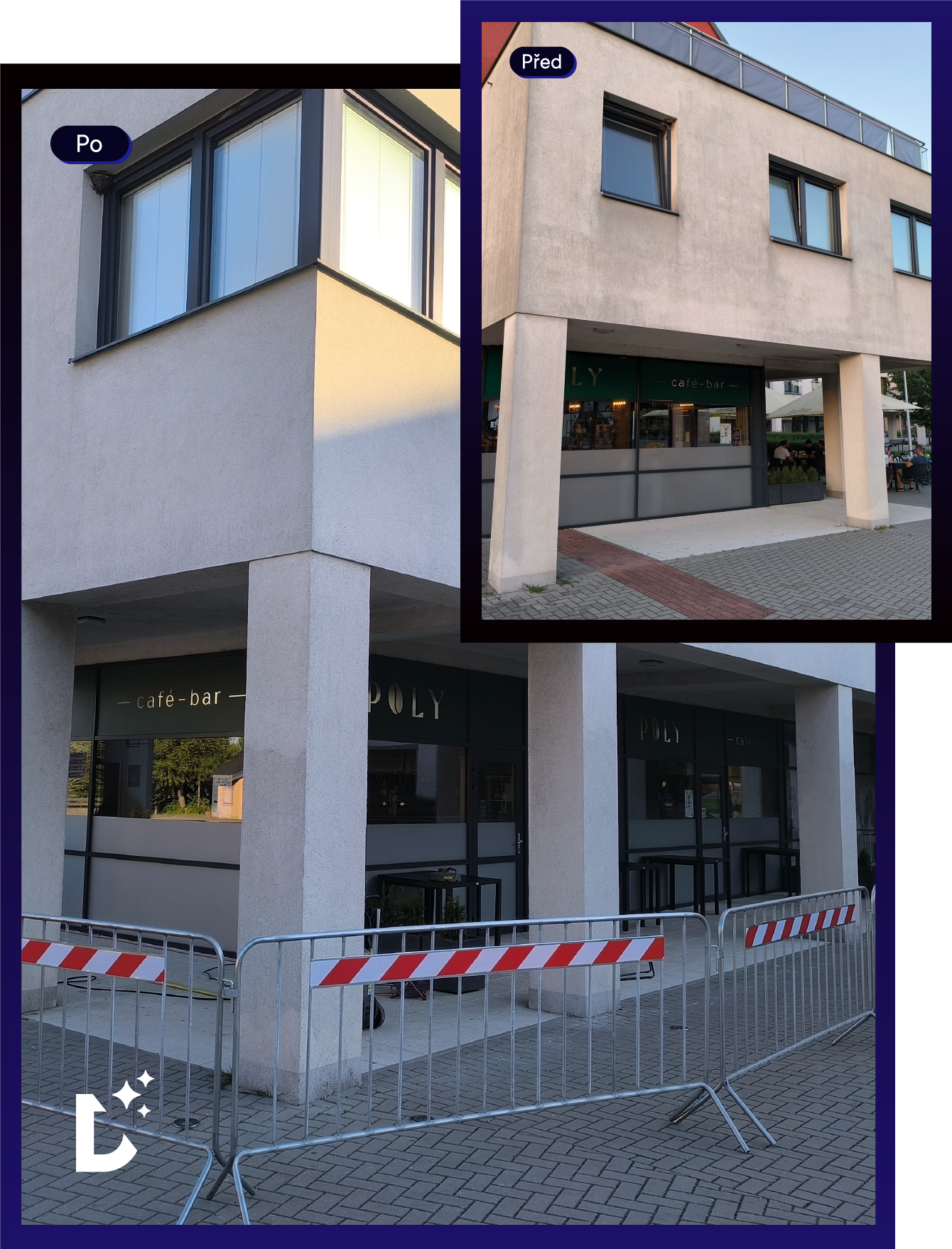 Exterior of a café-bar named POLY with outdoor barriers blocking the entrance area.