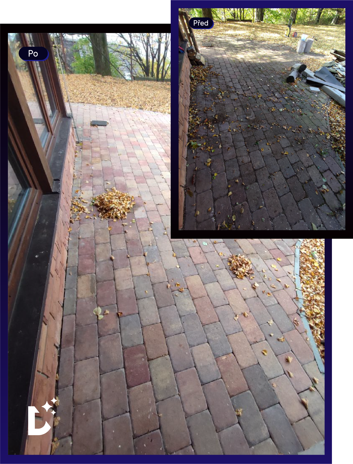 Before and after comparison of a brick patio, showing clean bricks with neatly gathered leaves in the 'Po' image and dirty bricks with scattered leaves in the 'Pred' image inset.