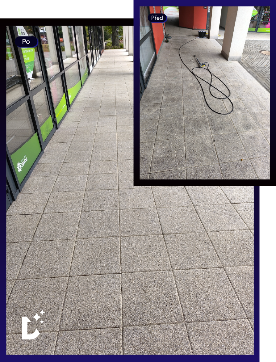 Side-by-side comparison showing a tiled floor area before and after cleaning, with the cleaned section appearing noticeably brighter and dirt-free.