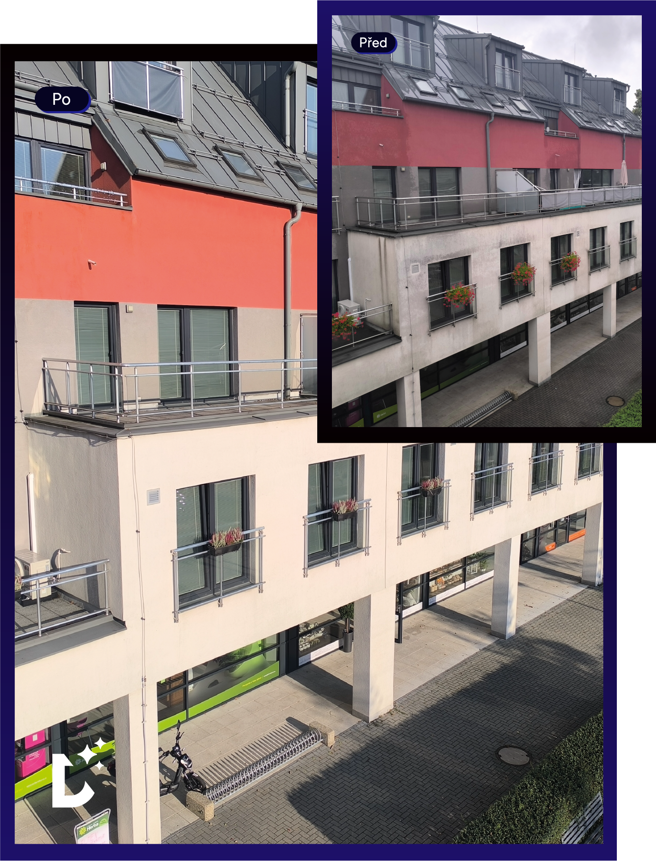 Modern multi-story building with red and beige facade, balconies with metal railings, flower pots on windows, and a bike rack below.
