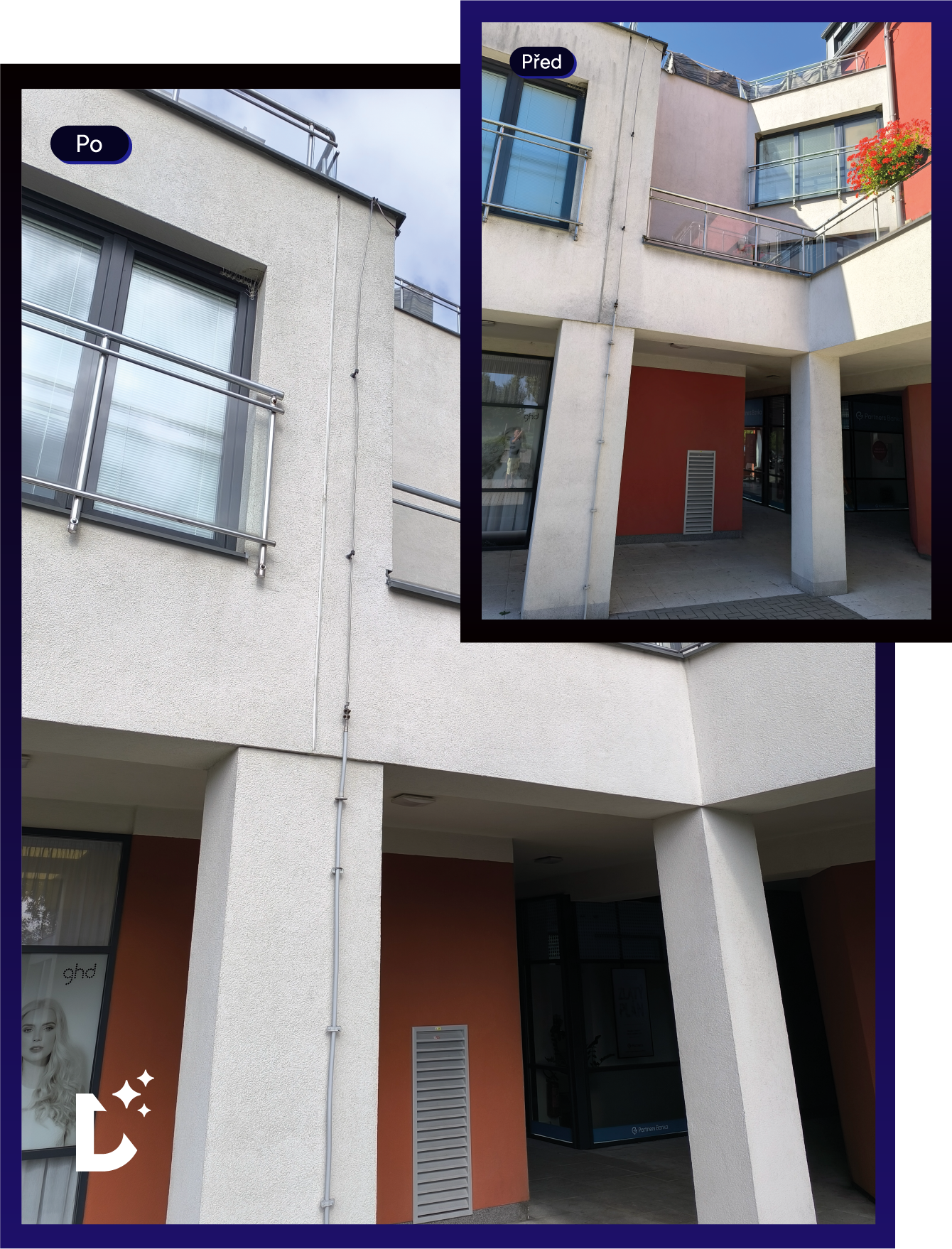 Modern building facade with white and orange walls, large windows, metal railings, and an inset photo showing a different view of the same building.