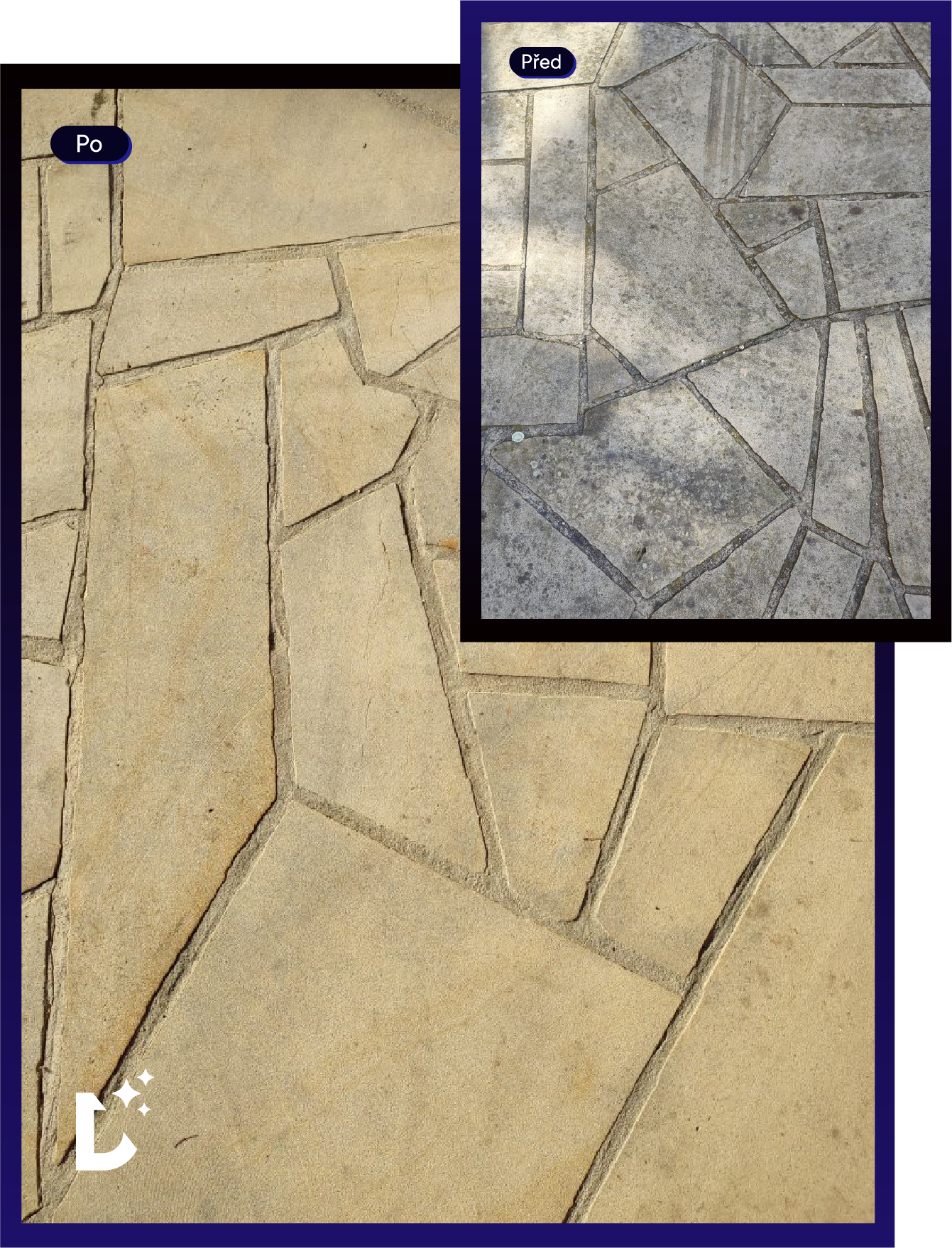 Comparison of stone pavement surfaces showing weathered gray stones labeled 'Pred' and clean beige stones labeled 'Po'.