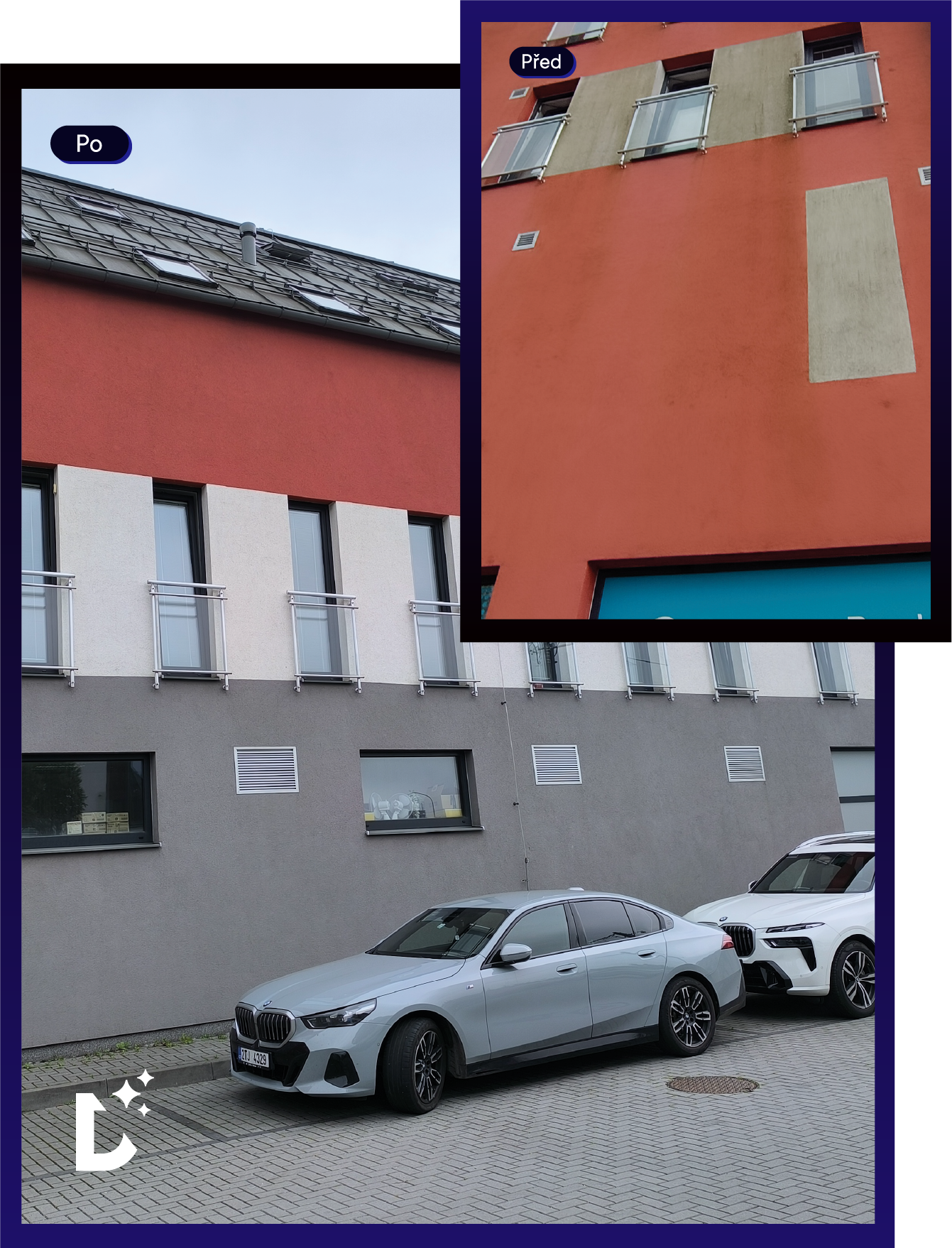 Silver BMW sedan and white BMW SUV parked beside a multi-story building with red, gray, and white sections and glass balconies.