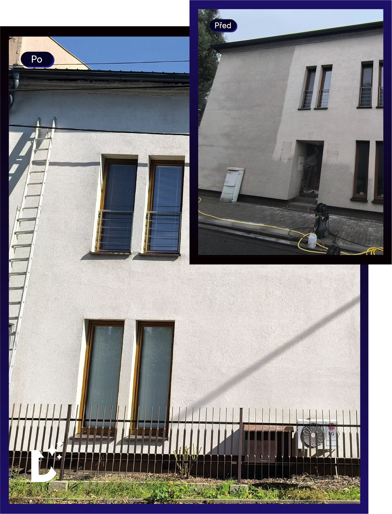 Side-by-side comparison of a building facade before and after cleaning, showing a cleaner white surface and windows after cleaning.