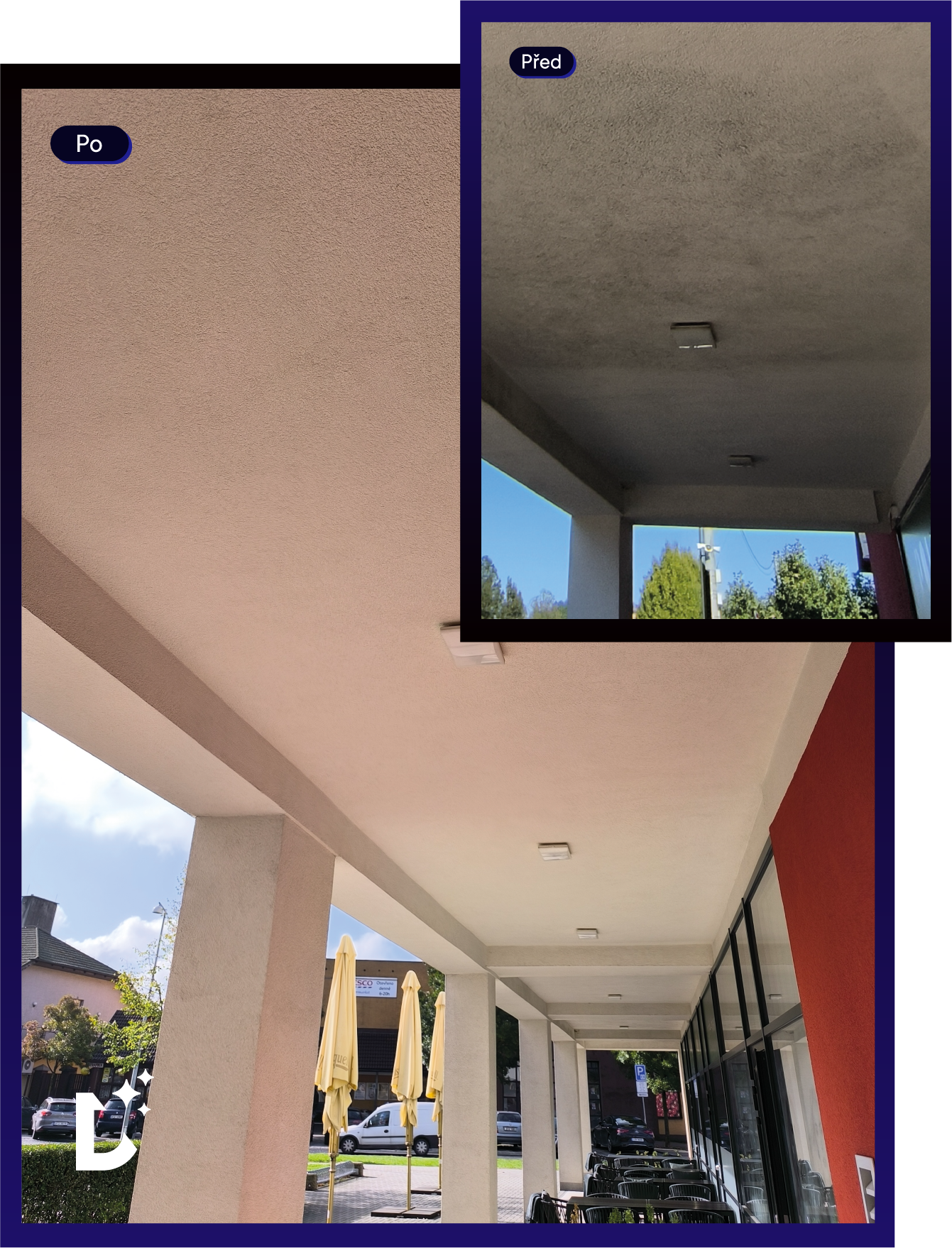 Outdoor covered walkway with beige ceiling and columns, yellow umbrellas, parked cars, and black chairs along glass windows.